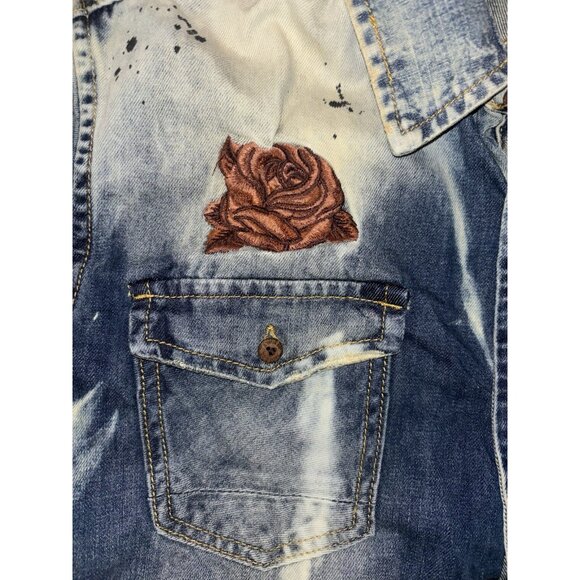 Men’s Akoo Acid Wash Denim Short Sleeve Shirt Embroidered Size L - Picture 5 of 5